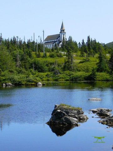 Church overlooking water